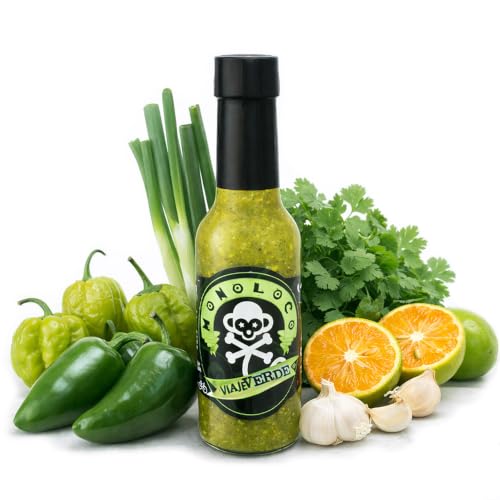 Image of Monoloco Hot Green Sauce Vegan Gluten-Free with Jalapeno, Panamenian Scotch Bonnet Peppers, Green Onions, Coriander and Garlic, Costa Rica Medium Spicy Sauce Viejo Verde, Pack of 1 (150ml / 5oz)