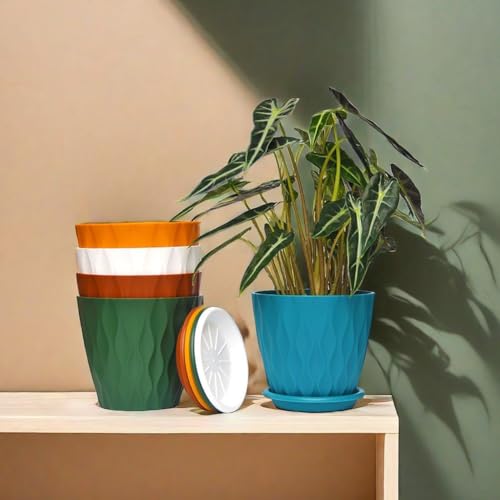 Pots de fleurs à motif ondulé rigide et soucoupe de drainage bleue - 6