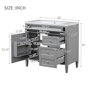 Modern 36 Bathroom Vanity with Sink Bathroom Storage Cabinet with 2 Drawers 1 Tip Out Drawer and 1 Door Freestanding Bathroom Vanities Soft Closing Solid Wood Frame