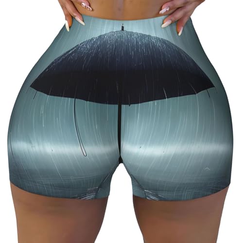 Black Umbrella in The rain Pattern Sports Shorts, high Elastic Slim Fitness Pants, Suitable for Yoga/Leisure/Daily wear