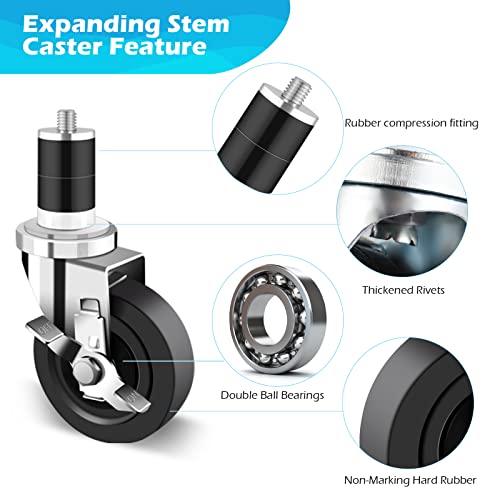 Nefish 4 Inch Prep Table Casters Wheels, Heavy Duty Casters 1200 LBS, Expanding Stem Caster Set of 4 Fit Both 1-1/2\" and 1-5/8\" Leg Tube Adapters for Stainless Steel Worktable, Kitchen Prep Tables