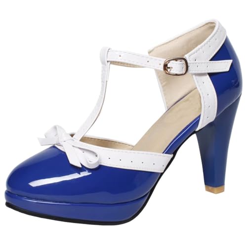 AIMODOR Womens Vintage Rockabilly T-Strap Mary Jane Shoes Heels Patent Platform Pumps with Bow