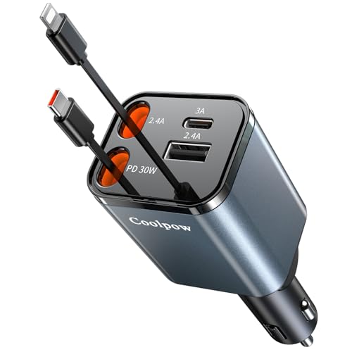 Cargador Coche Carga Rapida,4 in 1 Cargador Mechero Coche USB con 2 Cables Retráctiles Tipo C Cargador Movil Coche 69W Adaptador Coche para iPhone 17 16 15 14 13 12 Pro MAX/Samsung S25 S24/ Xiaomi