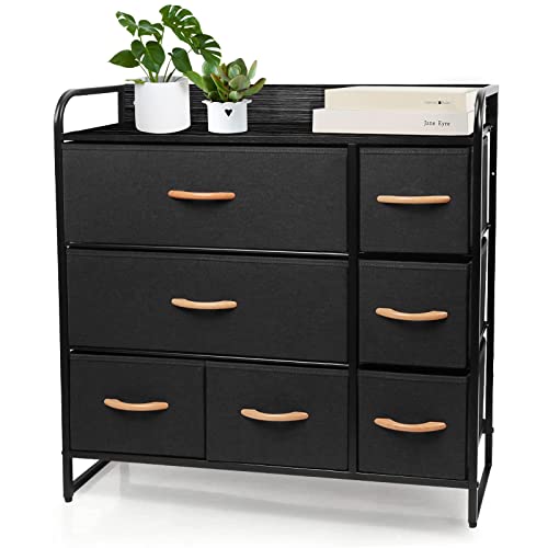 Commode à 7 tiroirs en tissu avec cadre en acier robuste et dessus en bois Meuble de Rangement vêtements,Dessus en Bois & Poignées bois Facile à Tirer pour Armoire,Salon,80 x 29 x 78,5 cm (Noir) Cover