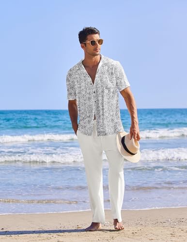 Image of COOFANDY Men 2 Piece Linen Outfit Beach Button Down Shirt Casual Loose Pant Sets