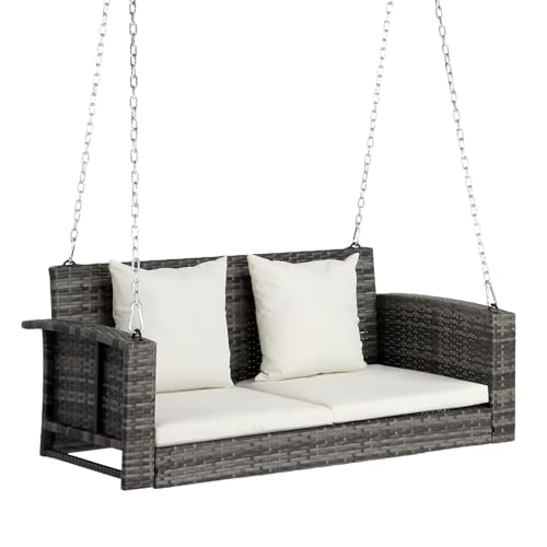 Image of VINGLI 4FT Wicker Swing, Rattan Porch Swing, Outdoor Hanging Seat, Grey