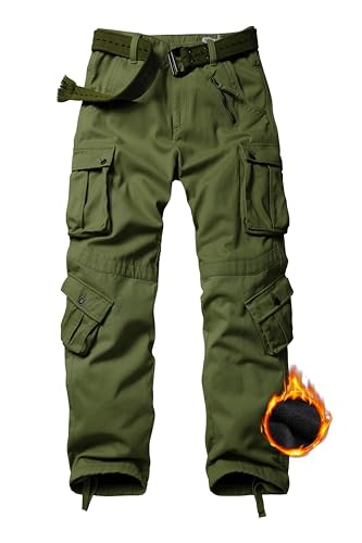 VATINNT Men's Fleece Lined Work Cargo Trousers, Thermal Multi Pockets Camouflage Military Tratical Pants 3358 ArmyGreen 42