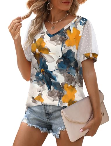 Image of Aokosor Womens Summer Tops V Neck T Shirts Swiss Dot Puff Sleeve Tops Loose Casual Tshirts