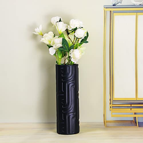 Tall Black Vases 12.2" For Decor, Ceramic Cylinder Vase, Flower Vases, Farmhouse Rustic Vases, Dining Table Shelf Home Decor, Decorative Boho Vase, Living Room Décor, Pampas, Creative Vintage Vase #TOP2