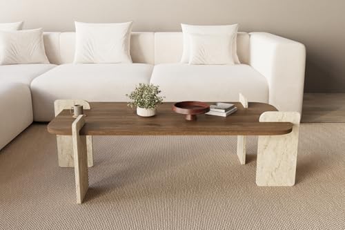 moebel17 Couchtisch Twinkle Travertin Braun, Moderner Sofatisch, Tisch fürs Wohnzimmer aus Holz, Ablagefächer, Stauraum mit Tür, Designer 93342 (Braun)