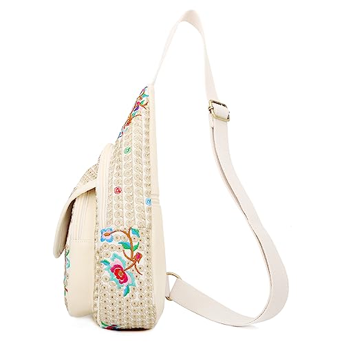 Image of SILKAREA Vintage Floral Small Sling Bag for Women's Chest Purse Handbag Shoulder Bag Travel Embroidered Backpack Purse (Beige Red)