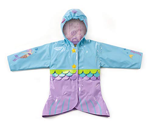 Blue Mermaid PU All-Weather Raincoat for Girls With Fish Scale Trim and Star Buttons