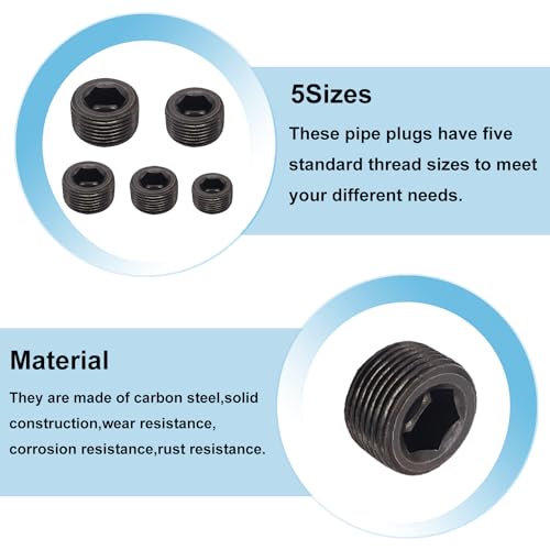26PCS-Black-Pipe-Plug-Fitting-Assortment-Kit-Carbon-Steel-5-Sizes-18-14-38-12-34-NPT-Pipe-Plug-Internal-Hex-Thread-Socket-for-Sealing-Pipe-Port