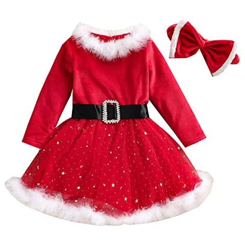 Kislio Toddler Baby Girl Velvet Dress Infant Girl Clothes Outfits Long Sleeve Princess Christmas Birthday Party Dress(a-Red2-12-18M) Cover