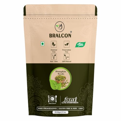 Image of BRALCON Organic Pumpkin Seeds - 100g | Raw Unroasted Pumpkin Seeds for Eating | Protein and Fiber Rich Superfood | Rich in Omega-3 fatty acids