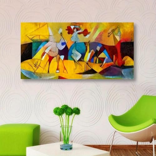 Tableau abstrait jaune et rouge d'exception 70x144cm sous cadre noir premium