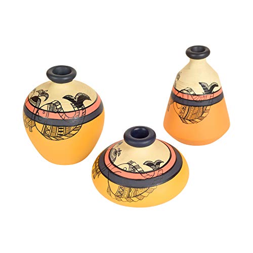 Image of Aakriti Art Creations Yellow Terracotta Vases with Madhubani Tattoo Art Set of 3 | Hand-Painted Flower Vases | Matte Finish Decorative Vases for Living Room, Table Decor & Gifting