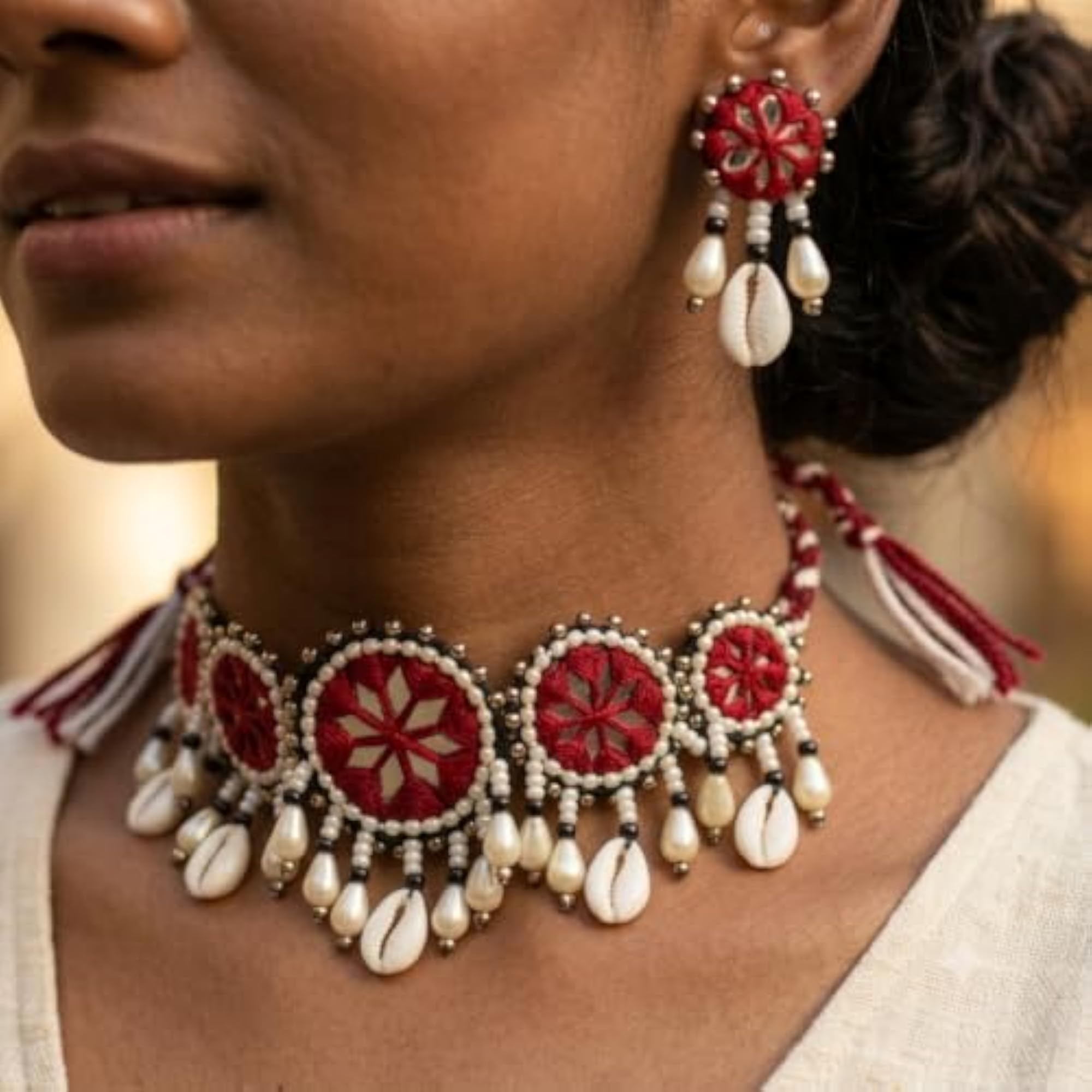 Handcrafted Maroon Traditional Mirror & Woolen Thread Jewelry Set for Women