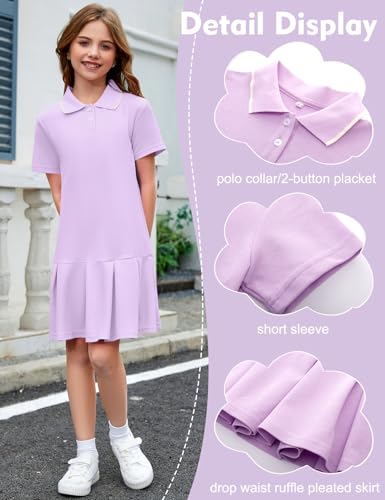 COZYPOIN Girls Polo Dress Short Sleeve Ruffle Pleated School Uniform Summer Casual Active Dropwaist Dresses(Purple-XS)4