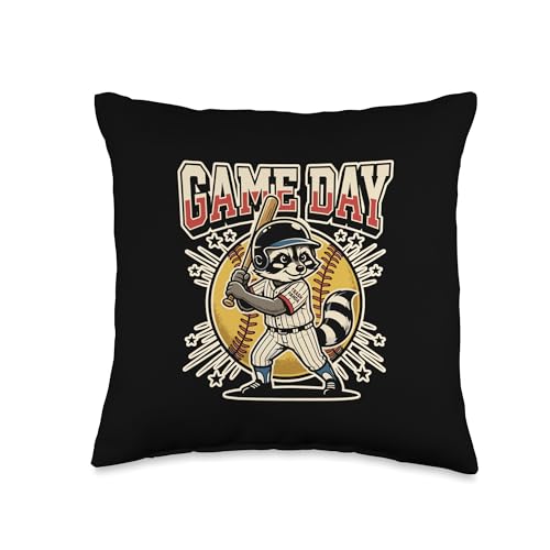 Funny Trash Panda Softball Game Day Raccoon Batter Throw Pillow
