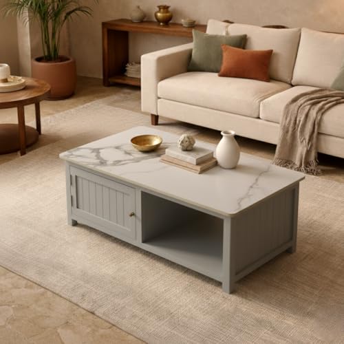 Image of Solid Wood Madrid Centre Table with Premium Sintered Stone Top for Living Room | Wooden Coffee Table | Premium Acrylic Silver Grey Finish | 110 x 60 x 40 cm
