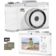 Digital Camera,Autofocus 4K Vlogging Camera for YouTube with SD Card,64MP Portable Compact Point and Shoot Digital Camera for Teens Adult Beginner with 16X Zoom,Anti-Shake,2 Batteries White