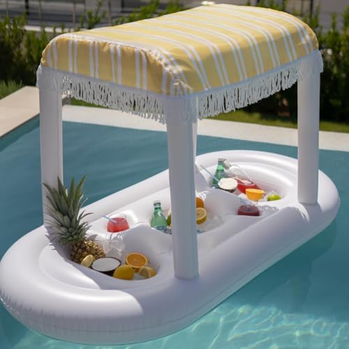 Flamingueo Flotador Bebidas Piscina - Colchoneta Piscina - 4 Posavasos - Tres Compartimentos - con Toldo - Amarillo - 170 x 84 x 92 cm