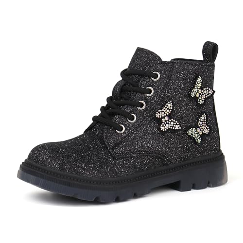 JABASIC Girls Glittery Ankle Boots Kids Lace Up Combat Boots with Side Zipper