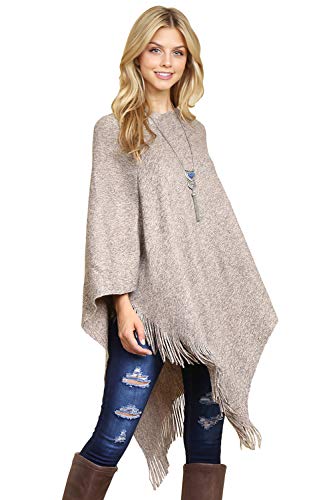Classic Soft Knit Poncho Shawl Wrap - Basic Warm Pullover Fringe Tassel Sweater