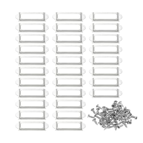 PATIKIL 60x17mm Metal Label Holders, 30 PCS Label Name Card Tag Frames with Screws for Office Library File Cabinets Shelves Wood Drawers Fabric Bins, White Nickel