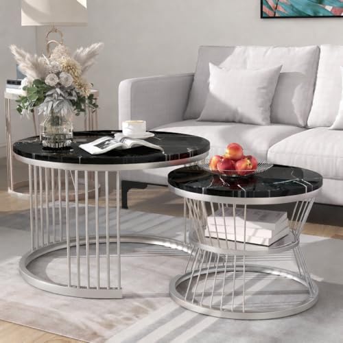 Image of Brown Art SHOPPEE Round Coffee Table Home Decor Furniture Coffee Table Sets,2 Piece MDF Top,Stacking Nesting Table with Iron Frame for Living Room Living Room or Lounge (Silver Black)