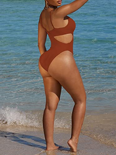 Pink Queen Women's Cutout One Piece Swimsuit High Cut Tummy Control Bathing Suit Monokini Swimwear Brown L #TOP6