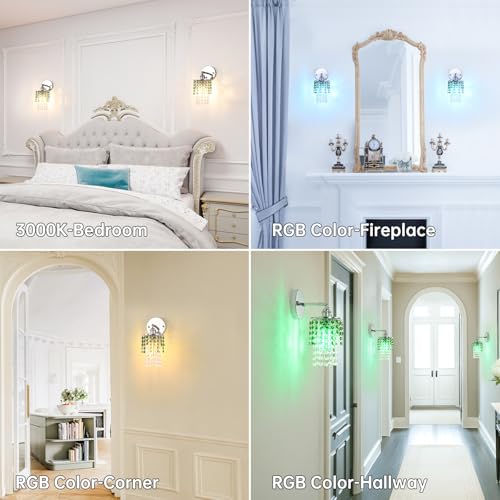 Image of Shenmoyl Set of 2 Crystal Battery Operated Wall Sconce,Rechargeable Wall Lamp with 5400mAh Battery & Remote Control, Modern Dimmable Wireless Wall Lights for Bedroom Bathroom (Green, Silver Base)
