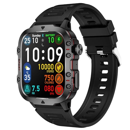 Reloj inteligente militar para hombre 3ATM Smartwatch deportivo de 1,96 pulgadas (responder/realizar llamadas) con más de 100 modos deportivos, monitor de frecuencia cardíaca y monitor de sueño