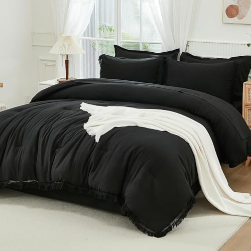 Image of Andency Oversized King Comforter Set with Sheets 120x120 Black - 7 Pieces Boho Tassel Bed in a Bag Soft Lightweight Bedding Sets, Fringe Bed Set with Comforter, Sheets, Pillowcases & Shams