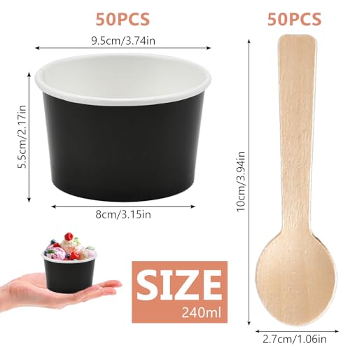 REFORUNG Eisbecher aus Pappe 50 Stück Umweltfreundliche Universal Karton Einwegschalen 240ml Einweg-Kuchenbecher Papier Eisbecher Becher mit 50 Holzlöffel für Eisbecher Gefrorenen Joghurt, Schwarz – Bild 3