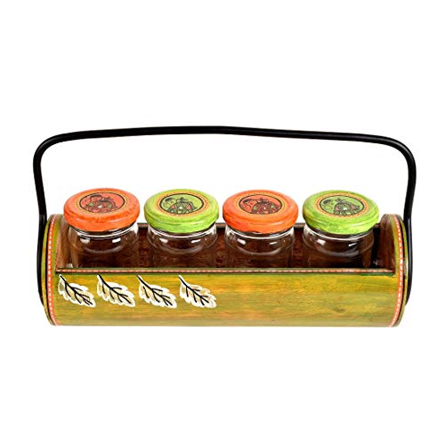 Image of AAKRITI ART CREATIONS Pickle Organiser with Stand | Handcrafted Madhubani Art Storage Jars| Kitchen Decoration Items Stylish Tray & Jars| Kitchen Jars with Wooden Tray