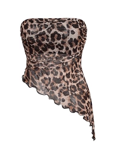 WDIRARA Girl's Leopard Print Ruched Bandeau Top Asymmetrical Hem Strapless Tube Tops