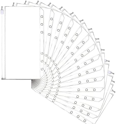 Cash Envelope, A6 Size 6 Holes Binder Pockets Plastic Binder Zipper Folders Waterproof Zipper Loose Leaf Bags, for A6 Size Notebooks Documents Cash Organizer Money Saving Binder Accessories (15pcs)
