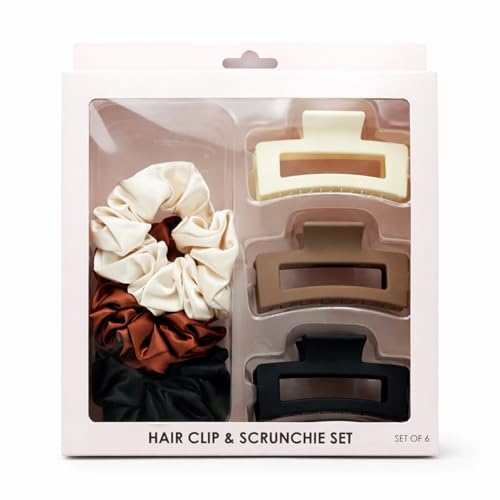 Hair Clip & Scrunchie Set for Women – 6pc (3 Large Matte Claw Clips + 3 Satin Hair Scrunchies) – Thick Hair Accessories, Neutral Tones (Cream, Copper, Black)