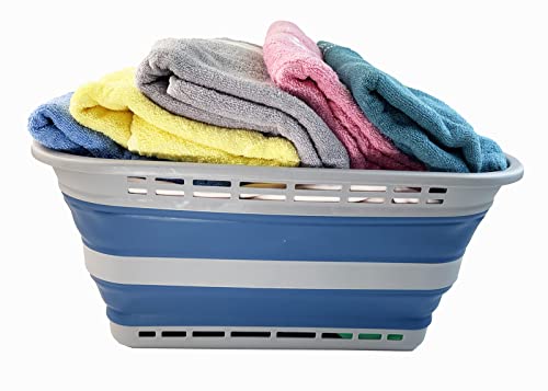 Image of SAMMART 42L (11 gallons) Collapsible Plastic Laundry Basket - Portable Pop Up Storage Container /Organizer - Portable Hamper - Space Saving Easy Storage (Grey /Mist Blue (Set of 2))