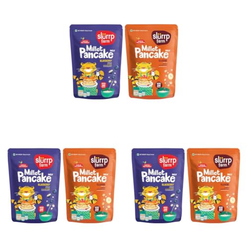 Image of Slurrp Farm No Maida Pancake Mix | Instant Breakfast Mix made with Oats and Jowar | 100% Vegetarian Eggless Healthy Breakfast for Kids & Adults | Blueberry and Classic Combo- 150g X 2 (Pack of 3)
