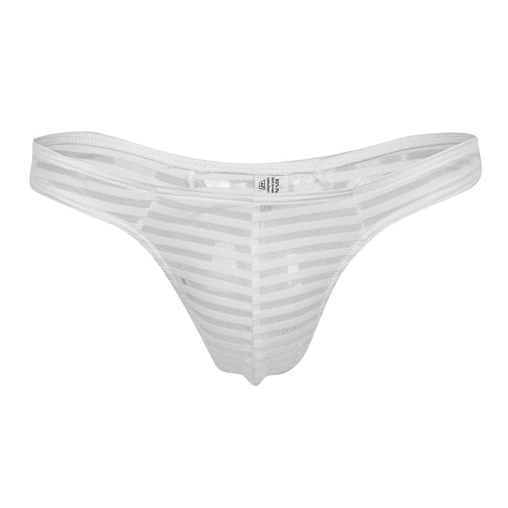 Men's Sheer Mesh Striped Pouch Thong Brief T-Back Underwear XL White-image-46