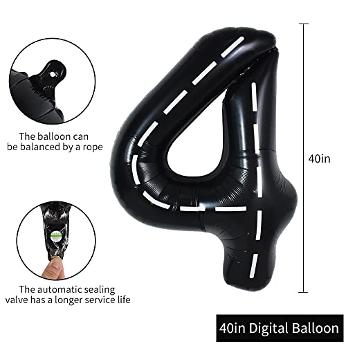 Image of TONIFUL 40 Inch Large Race Car Number 4 Balloon 4th Birthday Decorations | 4th 14th 24th Race Car Birthday Party Supplies Foil Black 4 Balloon for Boys Men Fast Checkered Flag Party Decor