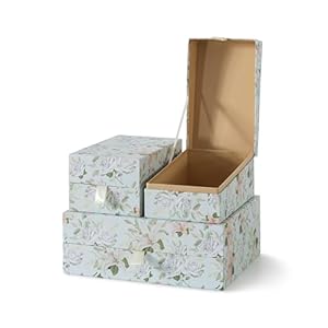 Soul Lane Pastel Floral Decorative Boxes with Hinged Lids and Muted Ribbon Pull Pastel Petals Set of 3 One Large and Two Medium Boxes Cardboard Storage for Photos Documents Keepsakes