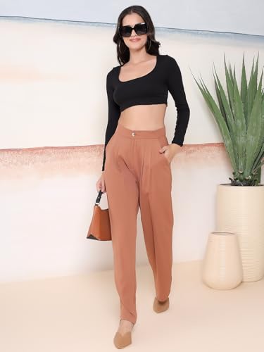Image of KOTTY Womens Solid Button Brown Wood Casual Pants