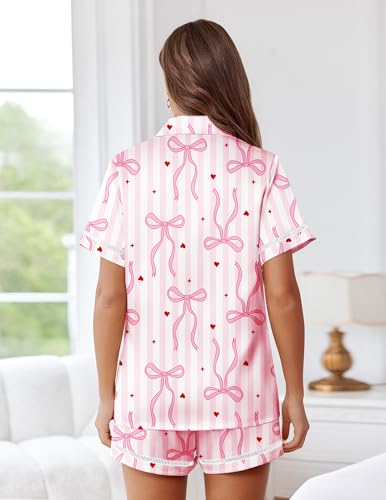 Image of Ekouaer Womens Silk Pajama Sets Button Up Satin Pjs Short Sleeve 2 Piece Pj Sets Cute Lounge Sets with Chest Pocket