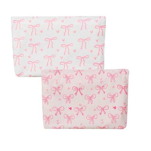 2PCS Pink Bow Makeup Bag for Women Girls, Pink Lovely Heart and Bow Preppy Make up Pouch with Zipper, Stylish and Cute Coquette Makeup Bags,Travel Toiletry Bag Gifts for Women Teens Girls (Corduroy)