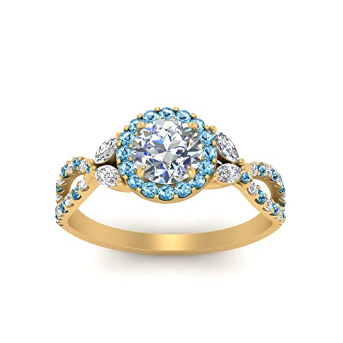 Image of Choose Your Gemstone Floral Split Shank Halo Engagement Ring Yellow Gold Plated Round Shape Split Shank Engagement Ring Lightweight Office Wear Everyday Gift Jewelry US Size 4 to 12