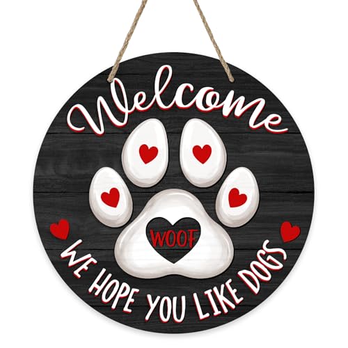 Deroro Welcome We Hope You Like Dogs Front Door Sign, Dog Cat Paw Print Black Farm Wood Door Hanger Outdoor Porch Decor, Woof Farmhouse Wooden Wreath Indoor Wall Hanging Decoration Dog Lover Gifts